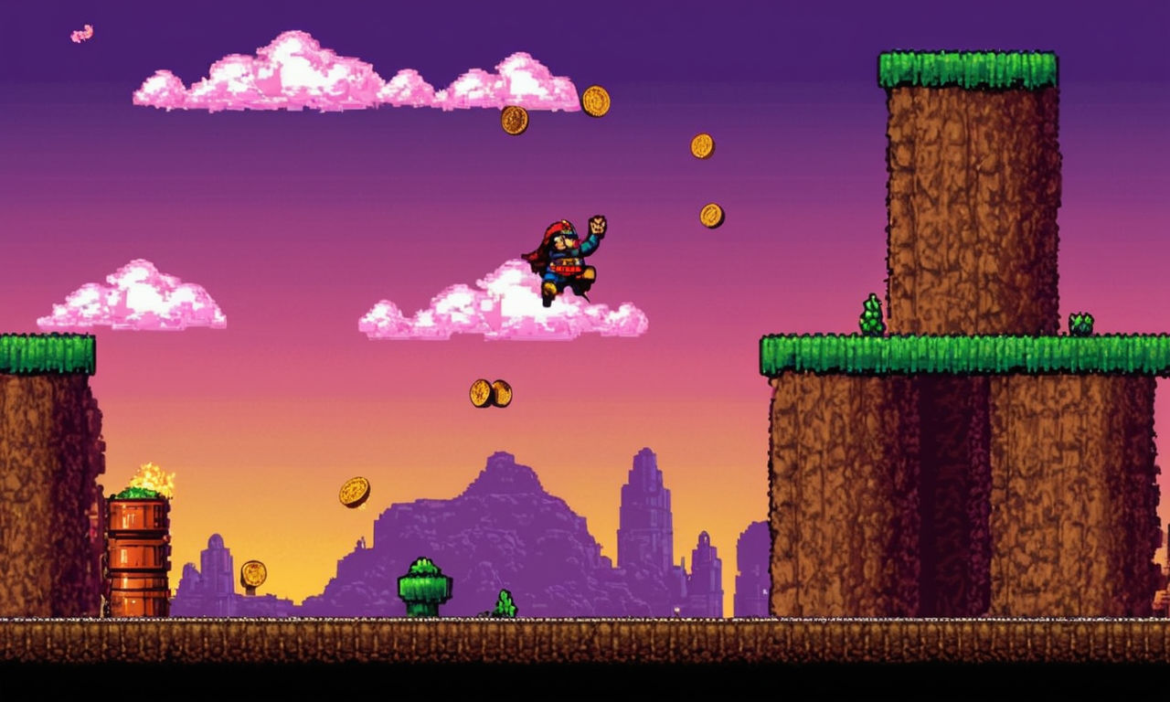 Classic 8-bit retro side-scrolling game scene: pixelated hero jumping over obstacles, collecting coins, and battling enemies in a vibrant, nostalgic world.
