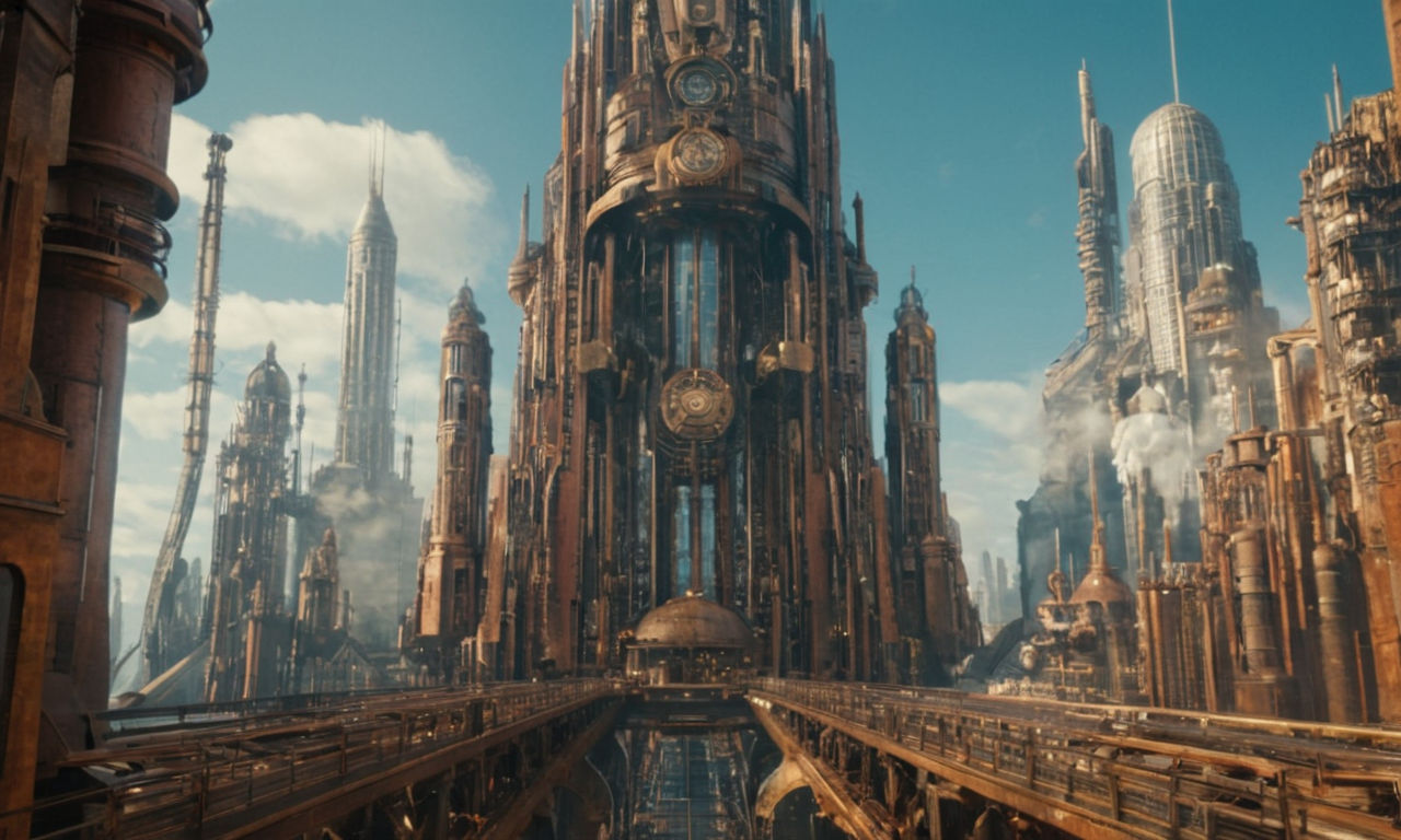 A futuristic steampunk metropolis inspired by classic science fiction novels, featuring towering buildings, metallic structures, and an otherworldly atmosphere.
