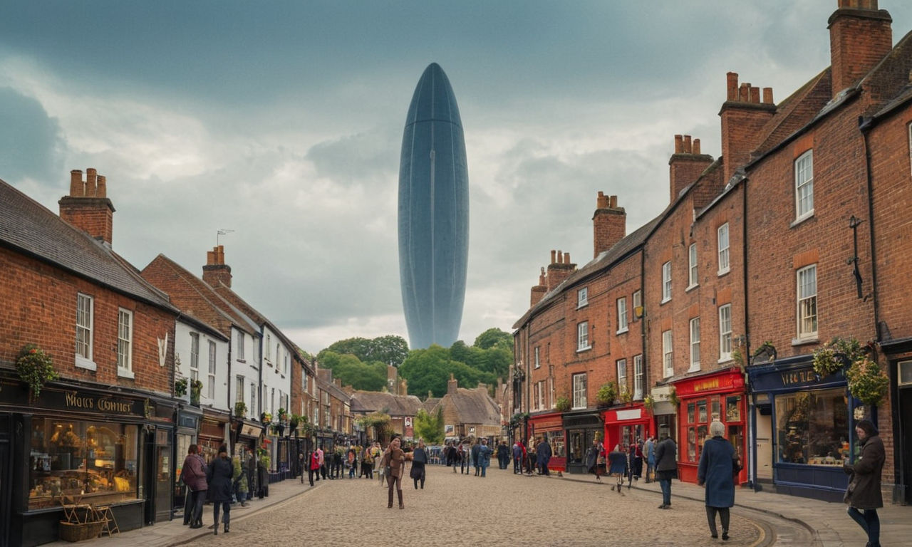 Detailed image prompt: A mysterious and futuristic-looking Martian spaceship towering over a quaint English town, surrounded by iconic landmarks. The town's cobblestone streets wind around historic buildings, with a blend of old-world charm and a hint of otherworldly invasion. The scene captures the essence of H.G. Wells' inspiration for "The War of the Worlds" as visitors immerse themselves in retracing his steps through Woking.
