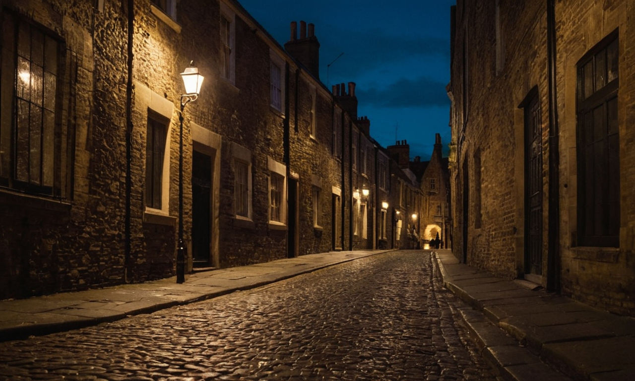 An image prompt for the review of "Act of Oblivion" by Robert Harris:

An old, shadowy London street at dusk with dimly lit gas lamps, cobbled stones, and a sense of mystery and intrigue. The scene captures the essence of the thrilling pursuit in the novel, evoking feelings of suspense and anticipation.
