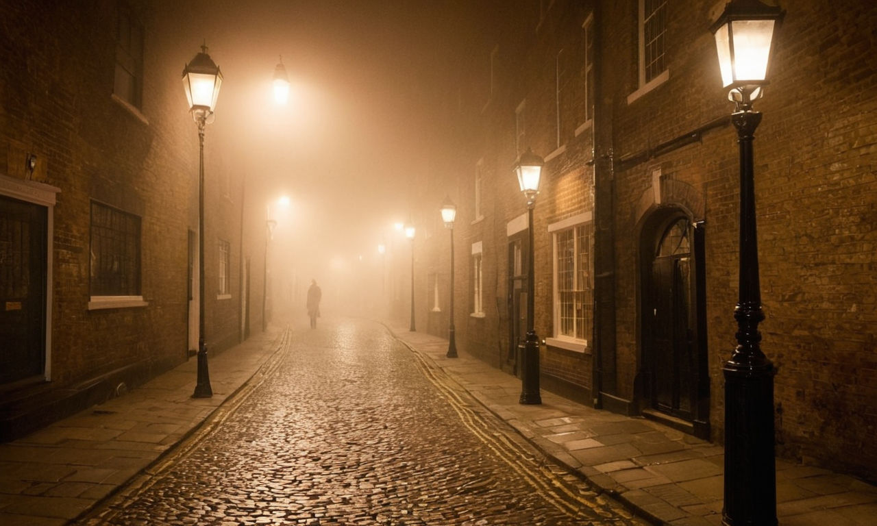 Mysterious London alley at night with dimly lit street lamps, cobblestone pathway, and heavy fog hanging in the air, creating an atmosphere of secrecy and intrigue.
