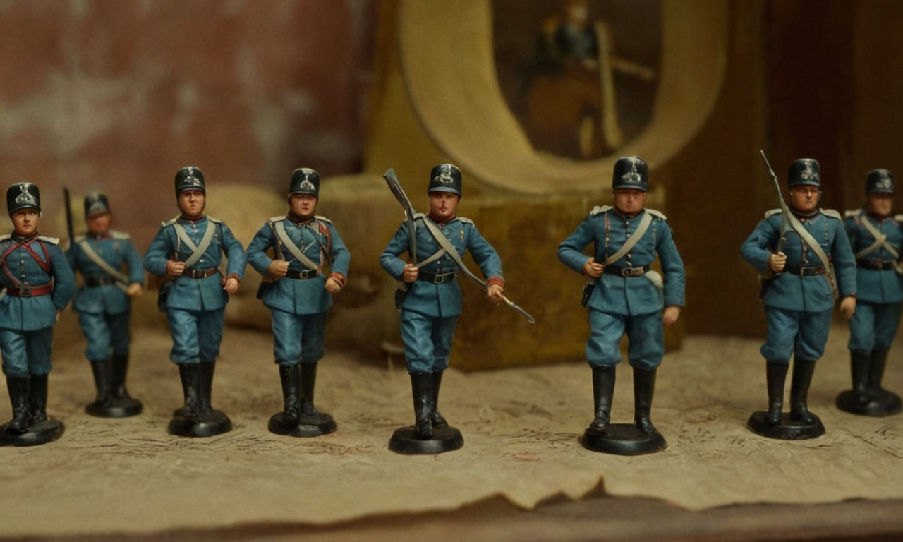 Vintage German toy soldiers in bad condition being carefully restored and brought back to their former glory, detailed painting tools craftsmanship intricate work realistic.

