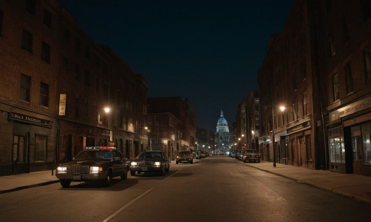 A realistic and immersive image of a city street at night featuring a blend of urban elements like buildings, streetlights, parked cars, and shadows cast by the dim lighting. The scene should reflect a sense of mystery and intrigue, perfect for a detective game setting like Police Quest 4.
