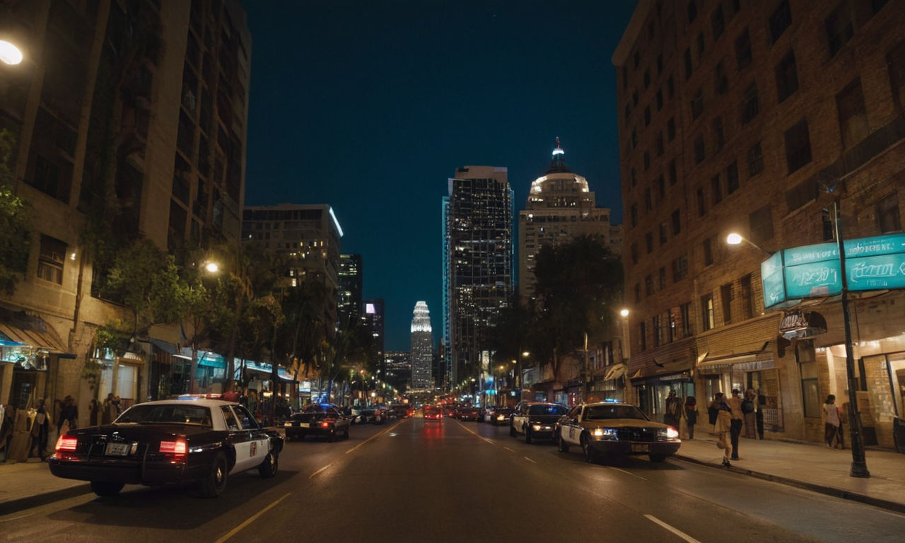 A detailed image prompt for your content:

A realistic cityscape at night featuring urban streets, tall buildings, police cars, and glowing streetlights. The scene captures the essence of a bustling city like Los Angeles, blending real-world elements with the atmosphere of a classic detective adventure game.
