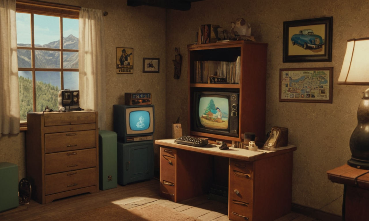 An image of a vintage computer desktop set up with a classic point-and-click adventure game displayed. The screen shows a quirky character interacting with absurd puzzles, reminiscent of the charm and humor found in Sam & Max Hit the Road. The room is filled with nostalgic elements like retro posters and old gaming memorabilia, creating a cozy and nostalgic gaming atmosphere.
