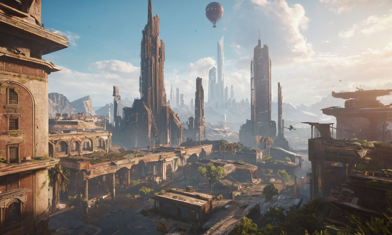 An image of a futuristic, post-apocalyptic cityscape featuring towering skyscrapers, ruins, and remnants of advanced technology. The scene captures the essence of vast open worlds and action-packed gameplay, suitable for a comparison between Destiny 2, The Division 2, and Anthem. The image should evoke a sense of exploration, mystery, and excitement, reflecting the diverse experiences each game offers to players.
