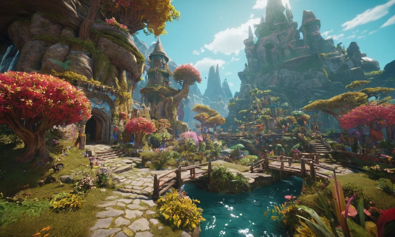 Vibrant fantasy world landscape with diverse environments, magical creatures, and interactive elements. Mystical creatures battling heroes in a whimsical setting, filled with challenges and strategies. Complex and intricate puzzles to solve, enhancing the immersive gameplay experience of Unruly Heroes. 
