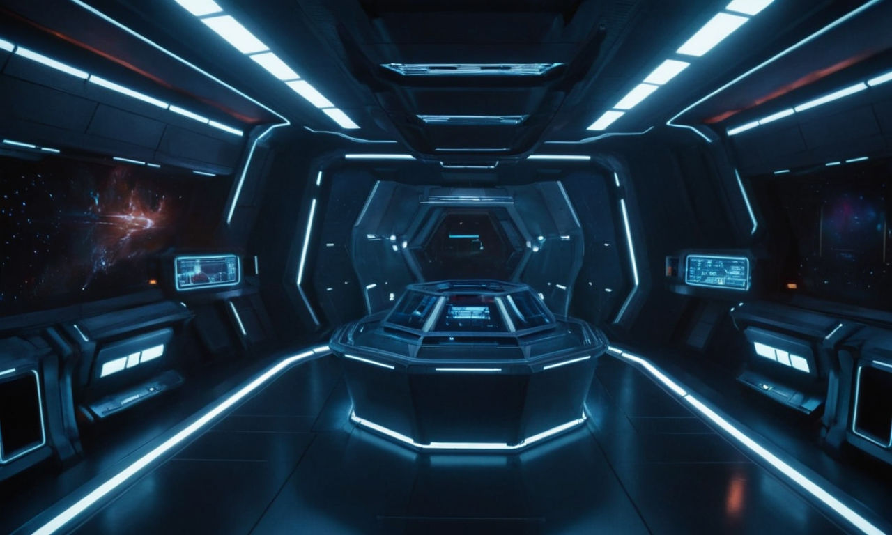 Futuristic spaceship interior with glowing control panels, holographic displays, and sleek metallic surfaces. Perfect for depicting the sci-fi setting of a space-themed RPG game like Mass Effect.
