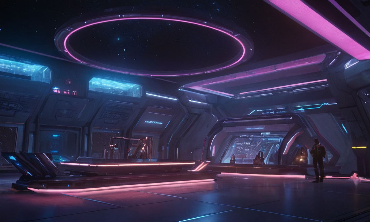 An illustration of a futuristic space station with sleek, metallic architecture and glowing neon lights against a starry backdrop. Imagine a scene that captures the essence of romance and adventure in a sci-fi setting, perfect for players exploring diverse romance options in a space-themed RPG like Mass Effect.
