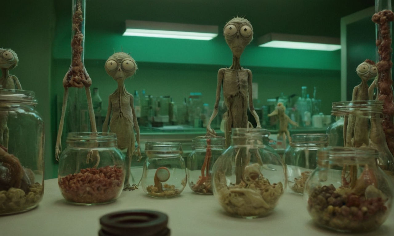 A chaotic and fantastical science experiment laboratory scene with bizarre and grotesque hybrid creature creations. Mismatched body parts, strange mutations, and otherworldly organisms in jars and test tubes, encapsulating the essence of the Cronenberg universe in Rick and Morty.
