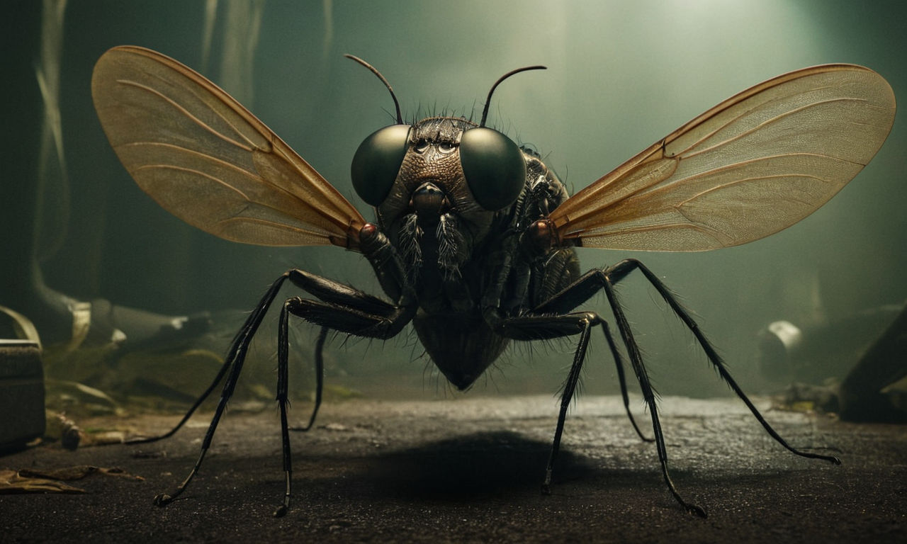 A surreal and twisted representation of a monstrous fly hybrid creature, blending elements of insects and technology in a dark and eerie setting. The image showcases a fusion of grotesque features symbolizing deeper societal issues, with a focus on identity, family, existential dread, and humor as coping mechanisms.
