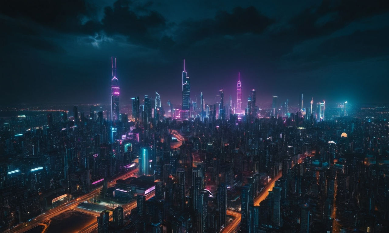 Futuristic city skyline at night with neon lights and advanced technology, reflecting Afrofuturism vibes and modernity.
