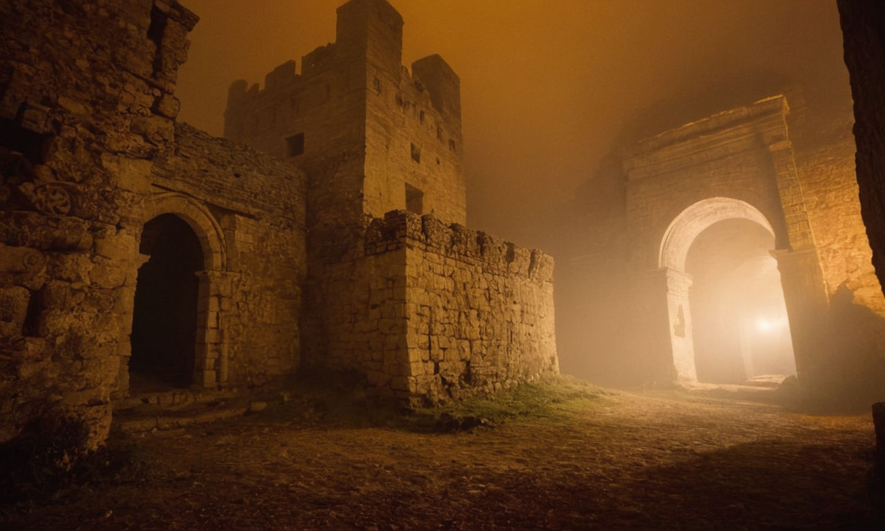 A mysterious and atmospheric castle shrouded in fog, with ancient ruins and cryptic symbols etched into the walls, conveying a sense of foreboding and intrigue in the realm of Souls-like adventures.
