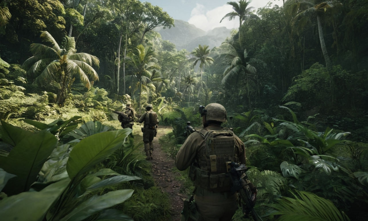 Tactical military gear with high-tech gadgets and weaponry, set in a lush jungle environment. Showcasing advanced graphics in a tactical shooter game, highlighting intricate details of weapons and camouflage uniforms. Immerse players in the intense atmosphere of covert operations and strategic combat in a visually stunning setting.
