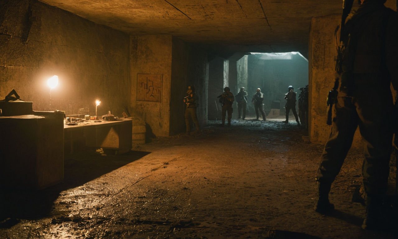 Image prompt: 
Dark, eerie underground bunker with flickering lights, mysterious symbols on the walls, scattered weapons and supplies, and a group of shadowy figures huddled together strategizing. The tense atmosphere conveys the importance of communication and survival in a cooperative horror game setting.
