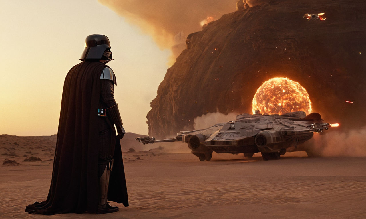 Image prompt: 
1. A scene showcasing iconic elements like lightsabers, X-wing fighters, and droids as nostalgic references and callbacks to previous Star Wars films in Episode IX. 
2. An epic space battle with explosions, starships, and laser blasts filling the scene to illustrate the thrilling space battles and visually stunning moments in The Rise of Skywalker.
3. A heartwarming moment between Chewbacca and other characters, capturing the emotional reunions and character dynamics in the movie.
4. A dramatic silhouette of Darth Vader's helmet against a sunset backdrop symbolizing the conclusion of the Skywalker saga and hinting at the future of Star Wars.
