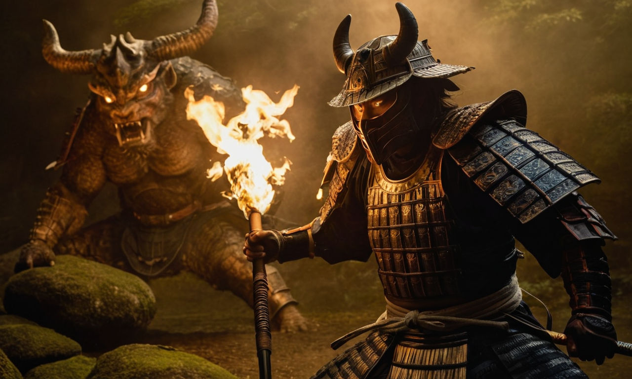 A powerful samurai warrior in traditional armor battling a fearsome Yokai monster in a dark, mystical setting with glowing magical effects and intense combat action.
