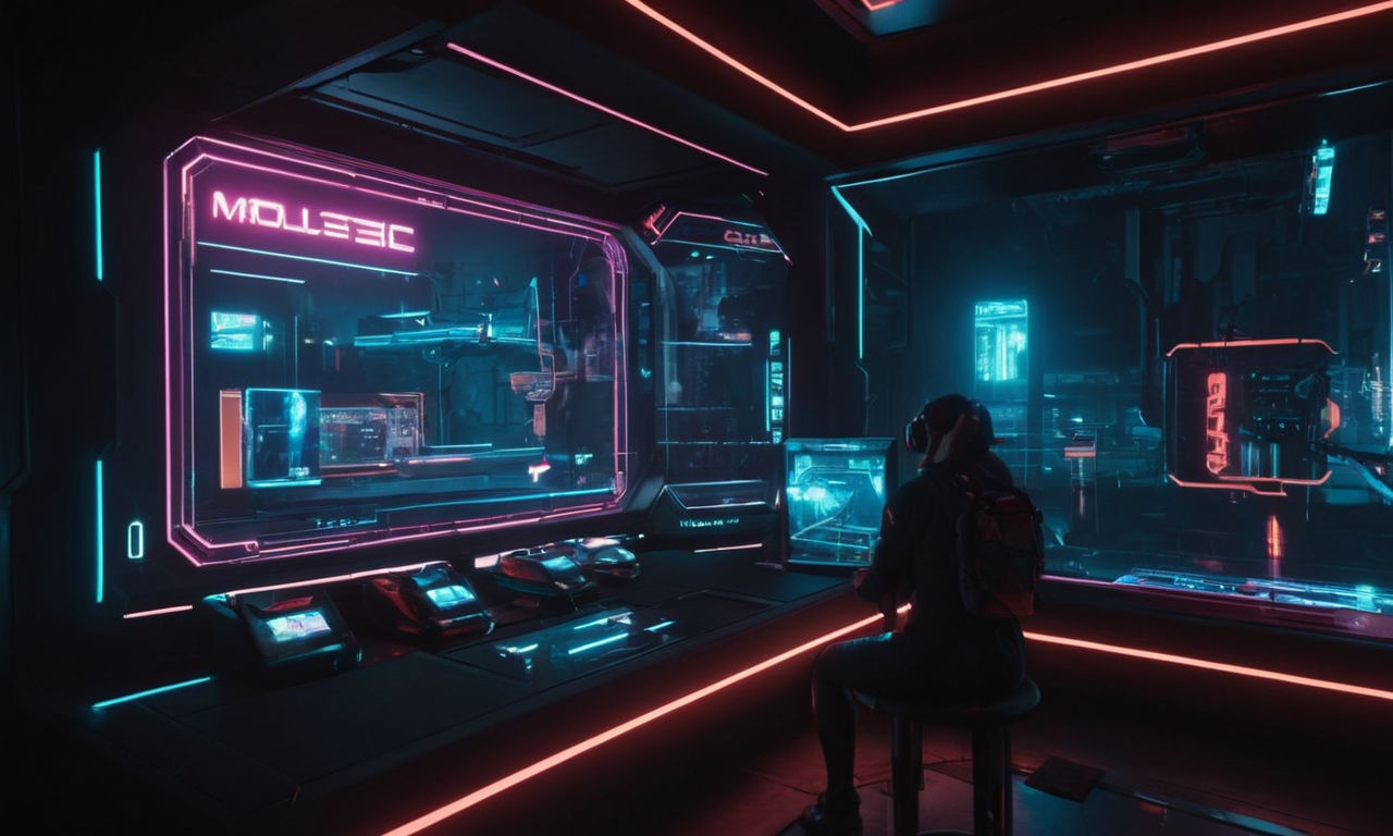 Futuristic digital gaming interface with holographic elements, glowing neon lights, and immersive virtual reality environment. A blend of cyberpunk aesthetics and cutting-edge technology for the ultimate gaming experience.
