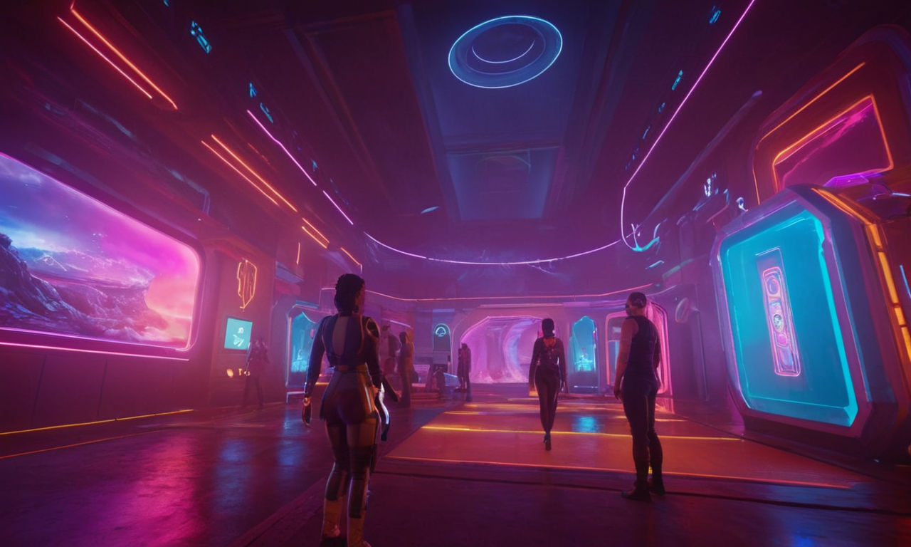 A futuristic virtual reality game environment with diverse characters interacting in a visually stunning digital landscape. Rainbow-hued neon lights illuminate the scene, showcasing a mix of traditional and alternative gameplay elements seamlessly integrated into the vibrant setting.
