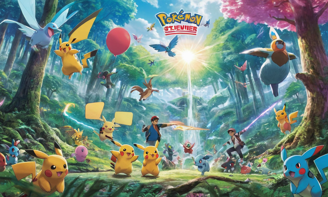 A colorful illustration depicting a variety of Pokemon characters in a vibrant, dynamic battle scene set in a mystical forest. Symbols of debate and controversy, such as speech bubbles expressing different perspectives and viewpoints, are scattered throughout the image. The artwork captures the essence of community responses and clashes, reflecting the ongoing debates within the Pokemon community regarding the Sword and Shield expansions.
