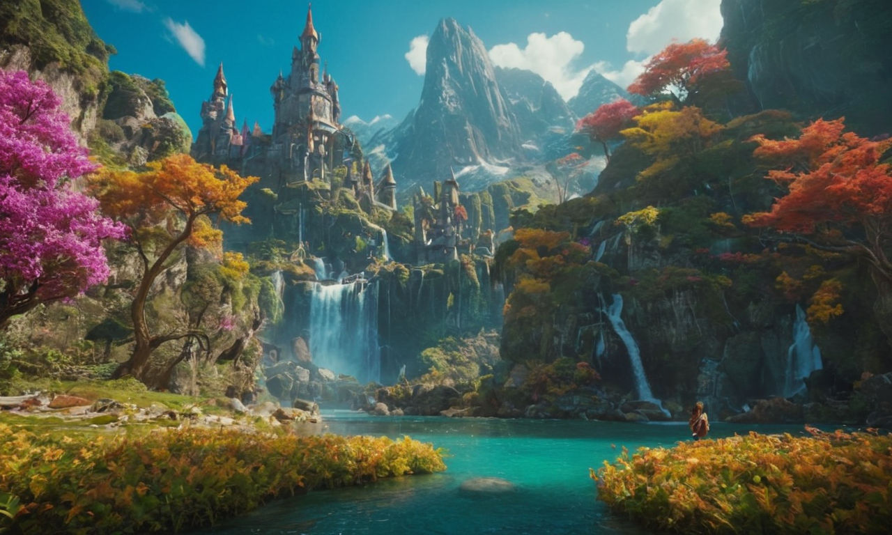 Vibrant depiction of a fantasy world with diverse landscapes and mythical creatures, showcasing a variety of colorful environments and imaginative settings.
