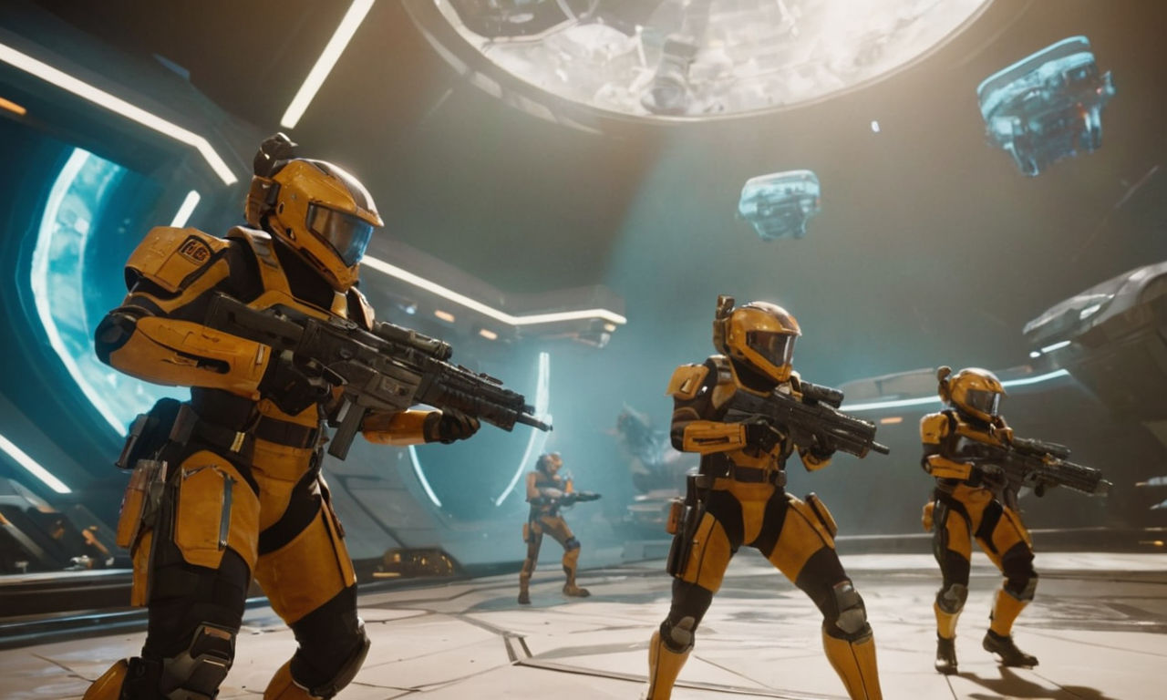 A futuristic and dynamic battle arena scene with diverse characters showcasing their abilities in intense combat. Bright colors, detailed environments, and a sense of teamwork and strategy in action. Capture the essence of excitement, competition, and anticipation for the full release of a thrilling multiplayer game.
