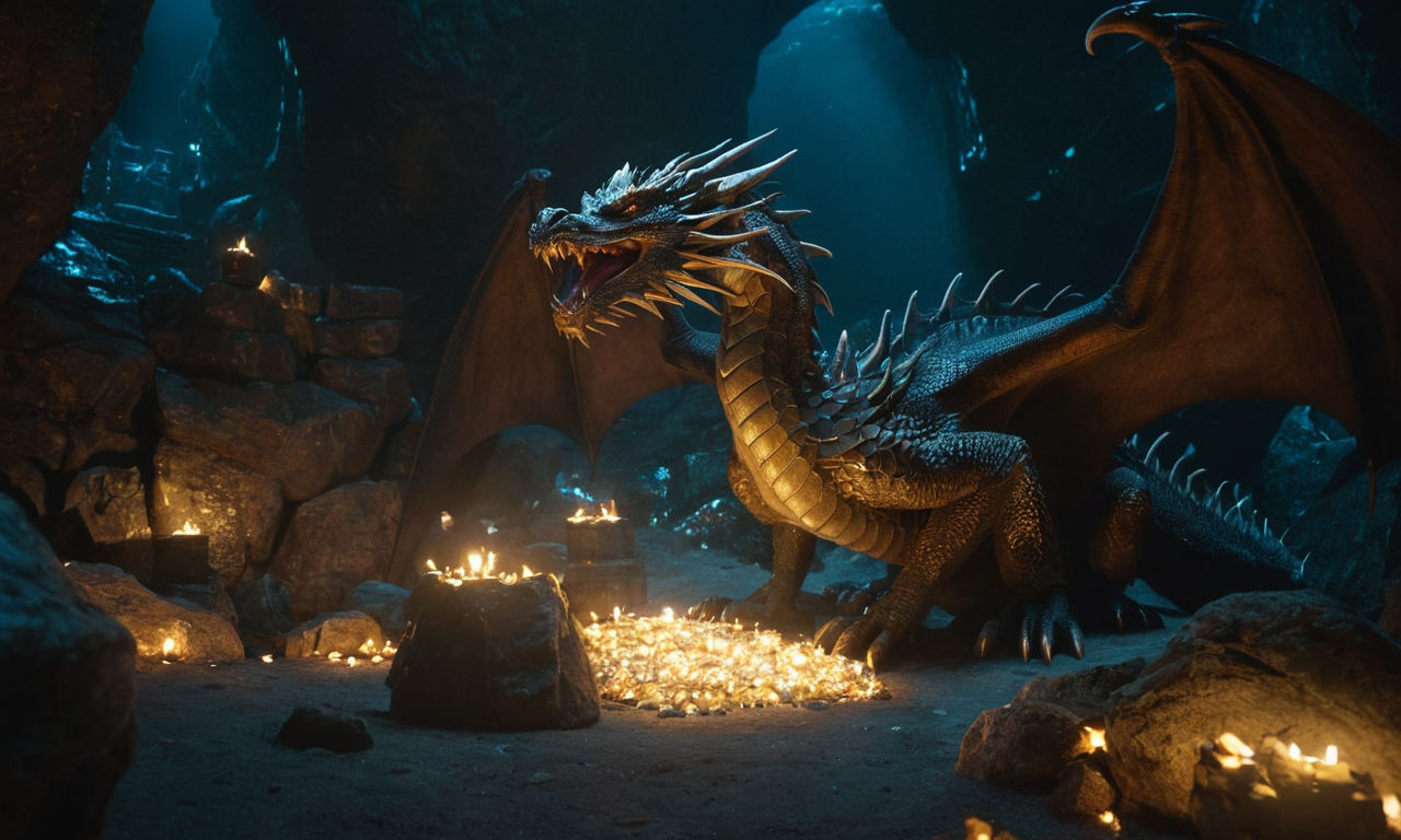 An image of a fierce dragon guarding a treasure hoard in a dark, mystical cave, surrounded by glowing crystals and ancient artifacts. The dragon's scales shimmer in the dim light, emphasizing its formidable presence as a classic "boss" enemy in a fantasy video game setting.
