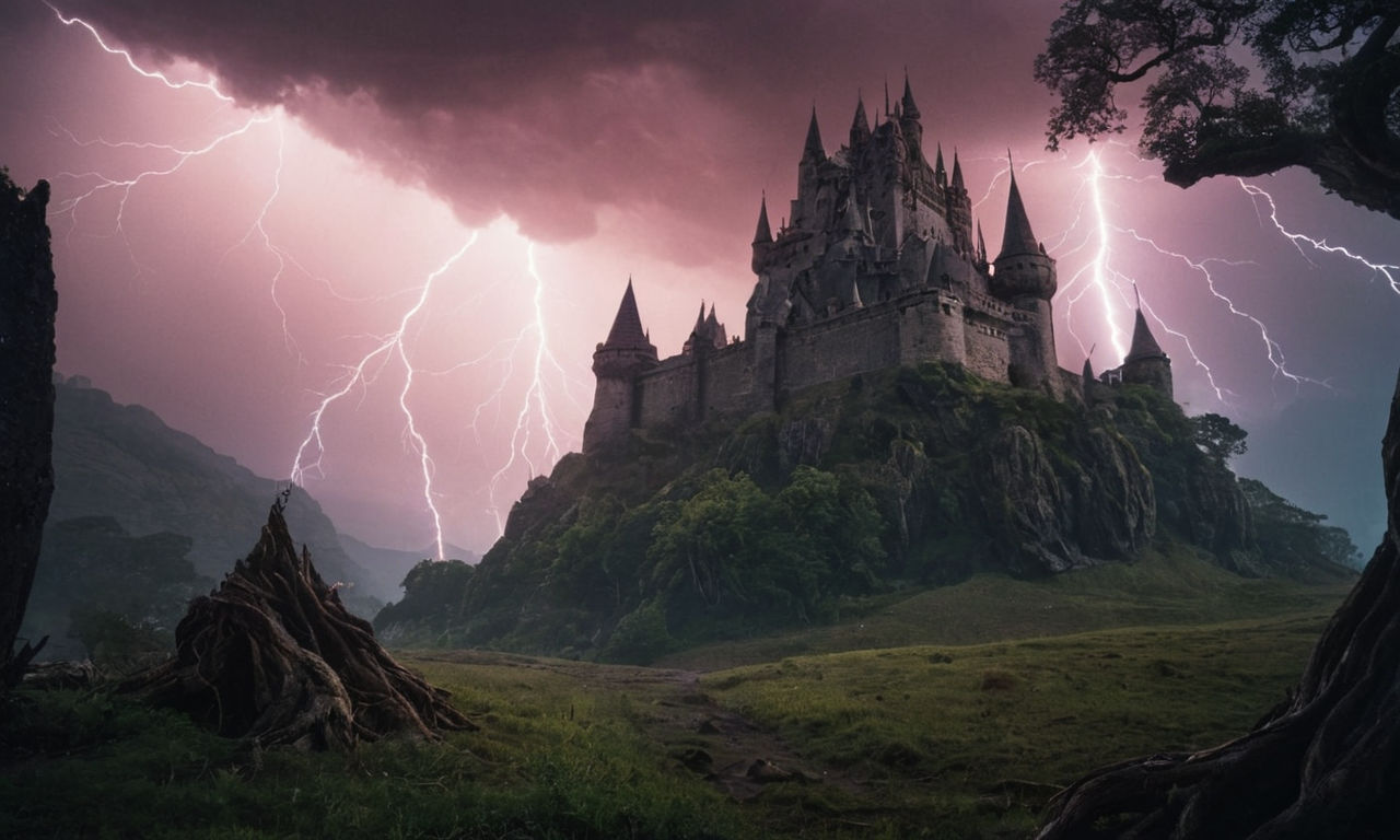 Image prompt:
An epic fantasy landscape featuring a towering, ominous castle silhouetted against a dramatic sky with lightning bolts striking in the background. A massive, ancient tree with twisted roots stands nearby, adding to the sense of mystery and challenge. The scene is set at dusk, enhancing the atmosphere of impending danger and excitement in a gaming world. 
