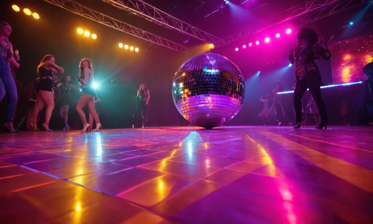 Vibrant dance floor with colorful lights, disco ball, and energetic atmosphere, lively music and diverse dance routines, glowing dance stage setting for a dance video game.
