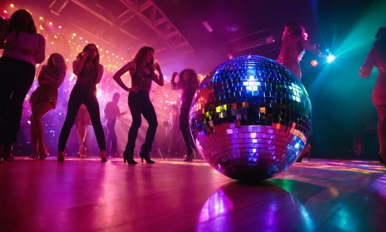 Colorful disco ball reflecting light on a dance floor, silhouettes of people dancing energetically to music, vibrant neon lights creating a dynamic atmosphere, diverse selection of music icons symbolizing different genres for customization.
