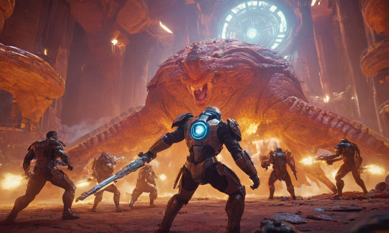 A futuristic, challenging raid boss battle scene with vibrant colors and intricate details, showcasing teamwork and strategy.
