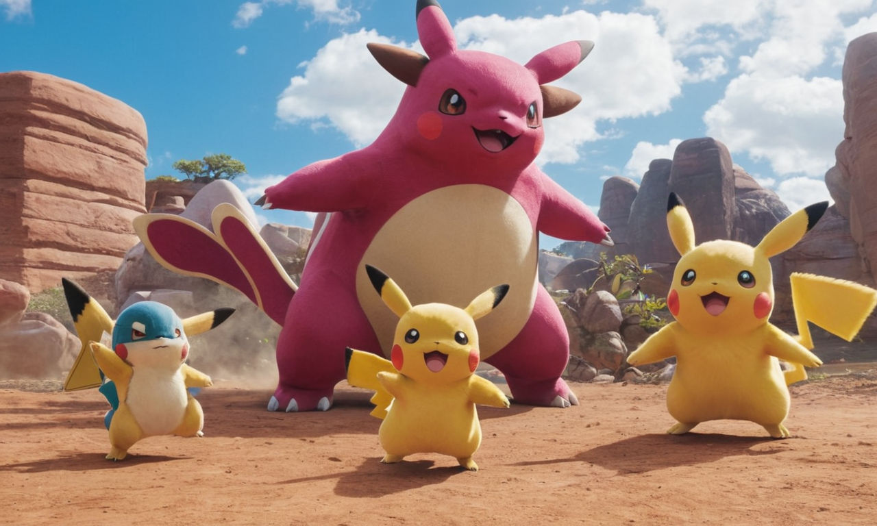 Pokemon Dynamax Raid battle scene with diverse Pokemon characters in action, showcasing intense battles and teamwork, vibrant and dynamic setting, mythical Pokemon, and unique environments to enhance variety and excitement in raid encounters.
