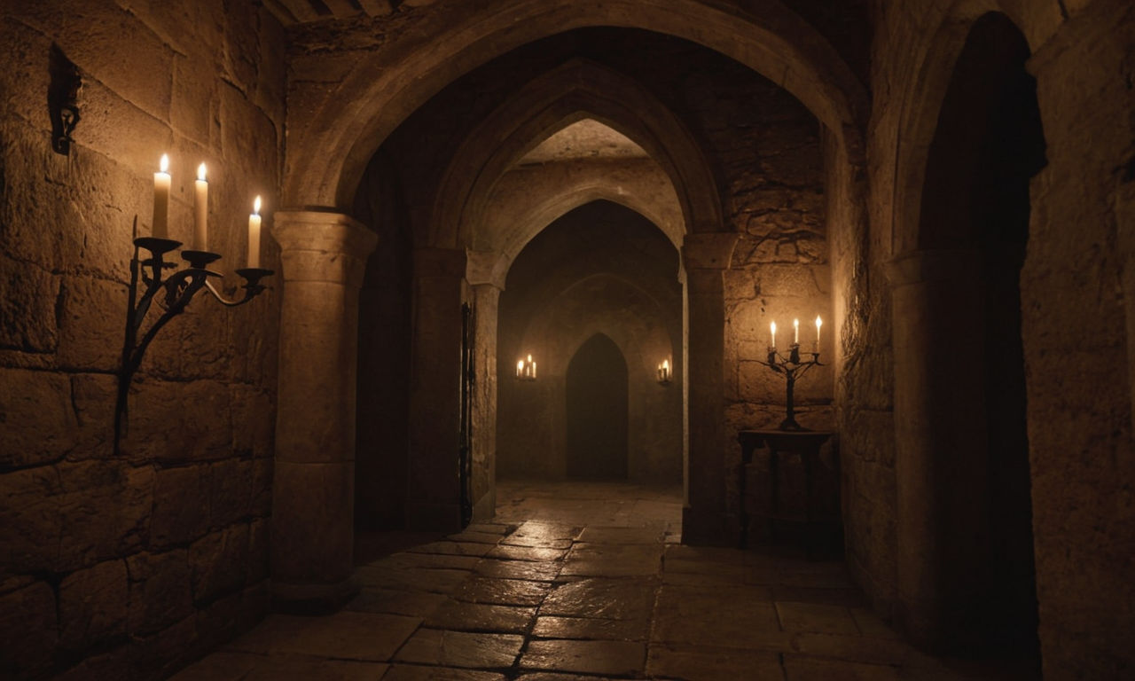 Dark, gothic castle interior with eerie atmosphere, candlelit corridors, and haunting architecture setting the scene for an immersive gaming experience. Shadowy corners and mysterious doorways evoke a sense of mystery and adventure in a medieval setting.
