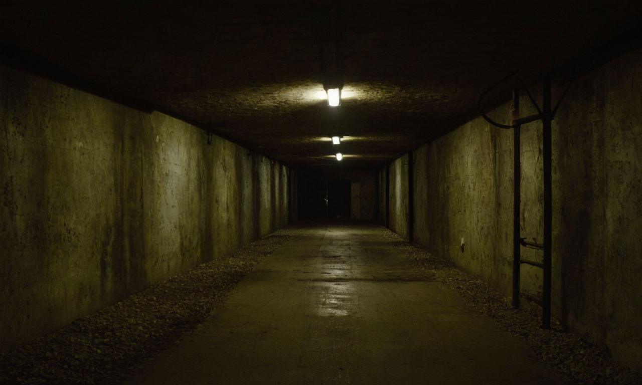 An eerie, dimly lit underground bunker filled with shadows, flickering lights, and mysterious corridors evoking a sense of fear and suspense. Cold metal walls, abandoned equipment, and distant echoes hint at lurking dangers in the depths.
