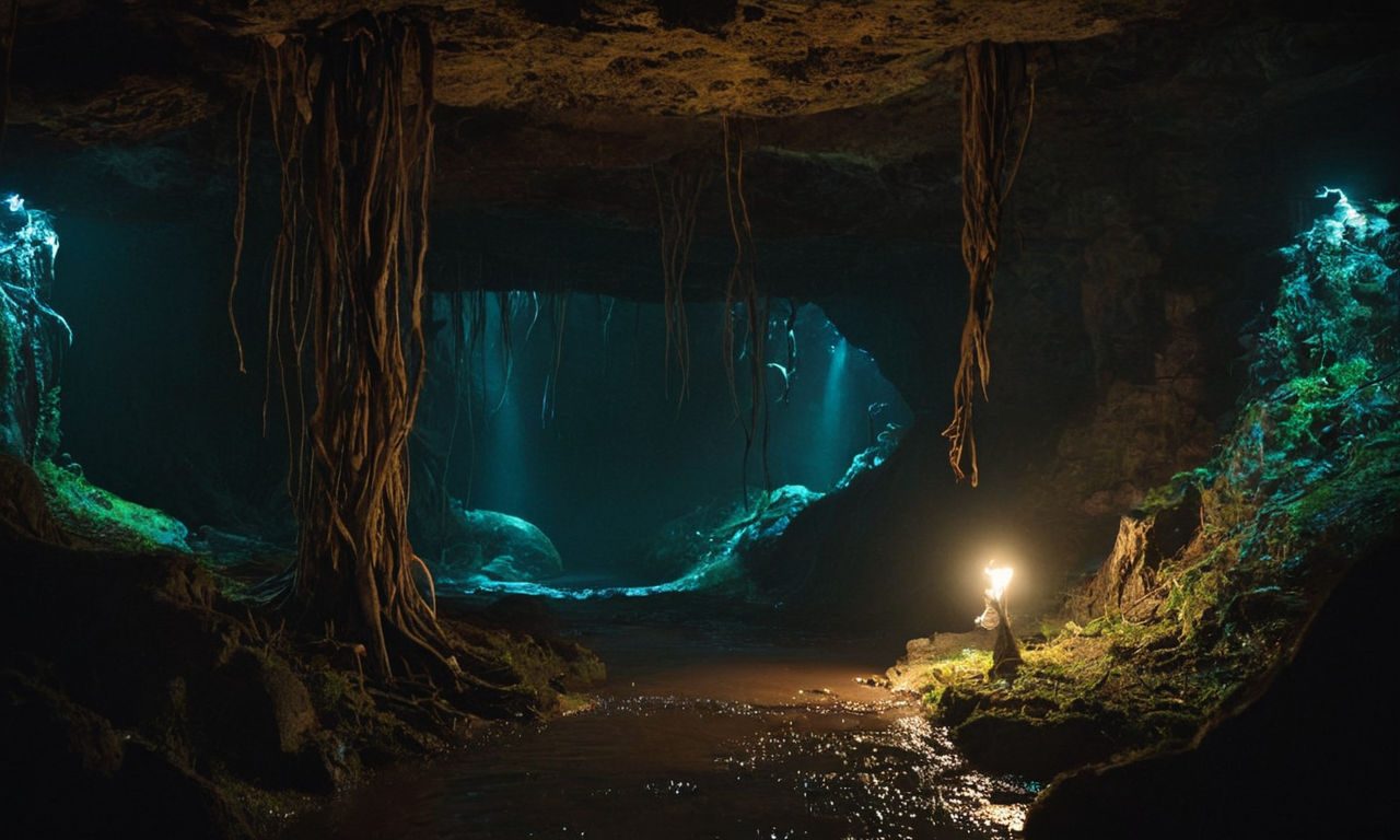 A dark, eerie underground cavern filled with bioluminescent fungi casting an ominous glow. Shadows of twisted, unseen creatures lurking in the depths, creating a sense of dread and anticipation. The environment is claustrophobic, with narrow passageways and hanging roots adding to the feeling of isolation and vulnerability. Sinister whispers echo off the damp walls, heightening the tension as players navigate this terrifying subterranean world in GTFO.
