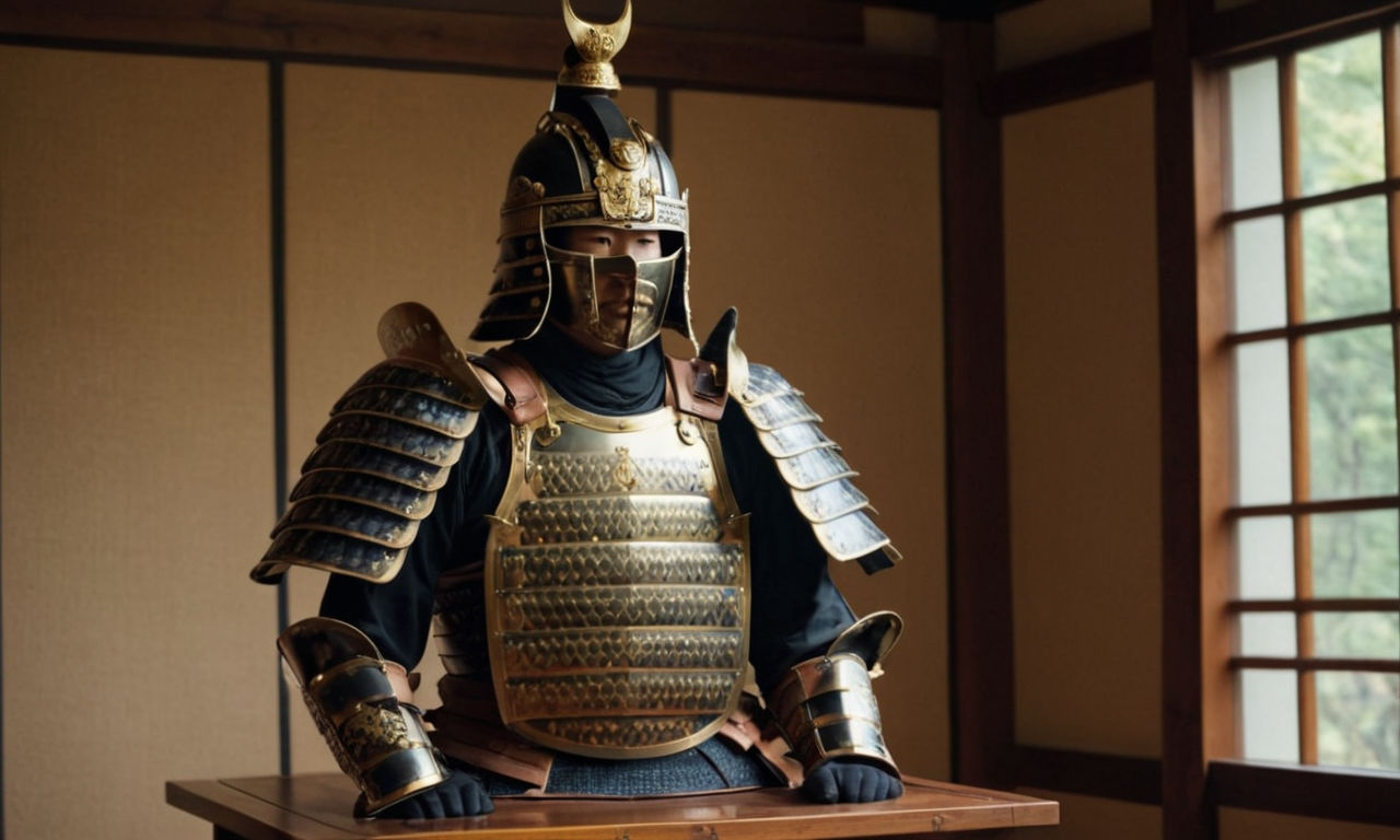 Ancient Japanese samurai armor set with intricate details, polished metal, leather straps, and helmet on a wooden stand in a traditional setting.
