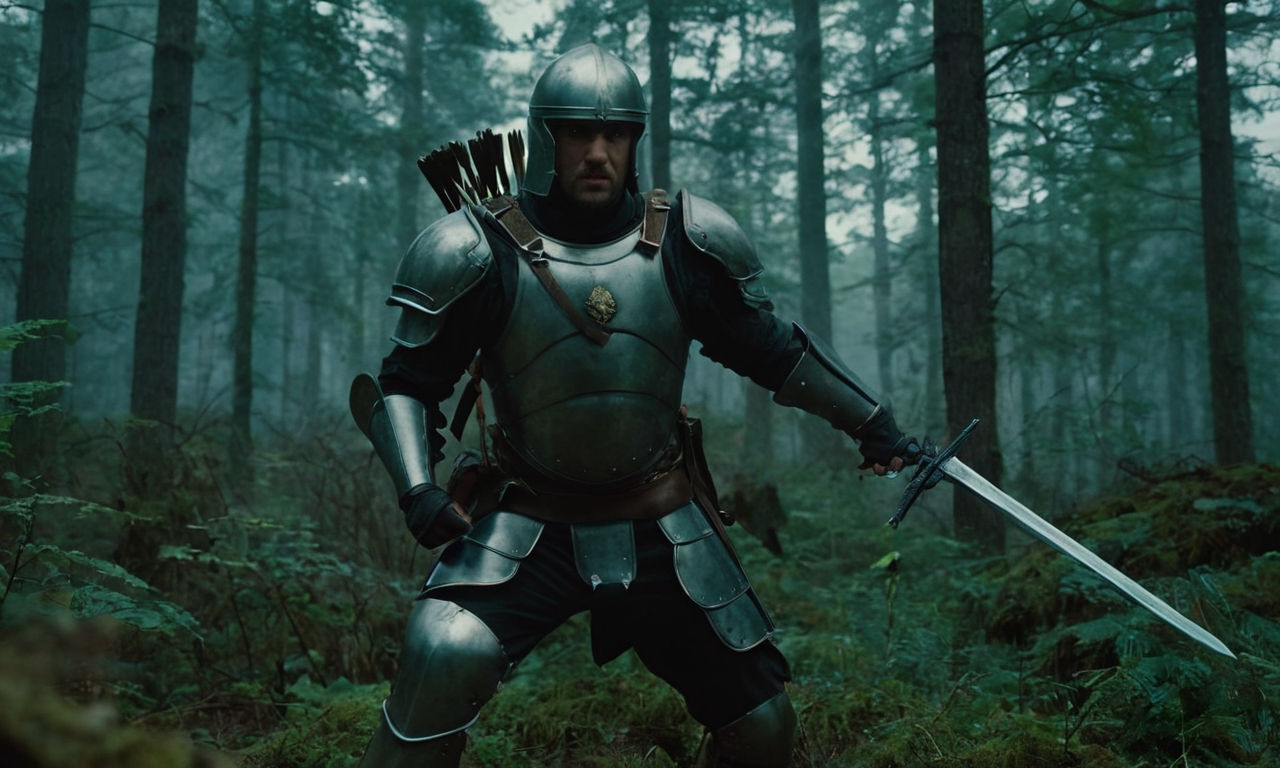 Warrior in light armor dodging a fierce enemy's attack in a dark, ominous forest setting, showcasing agility and quick reflexes. The scene highlights the importance of mobility and strategic evasion tactics in combat.
