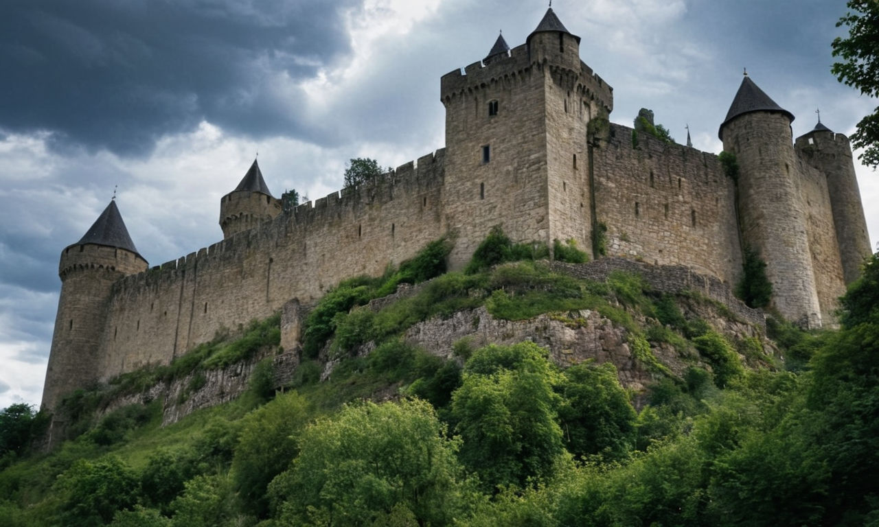 Image prompt: Medieval castle with towering walls, rugged stone architecture, and lush greenery surrounding it, under a dramatic cloudy sky.
