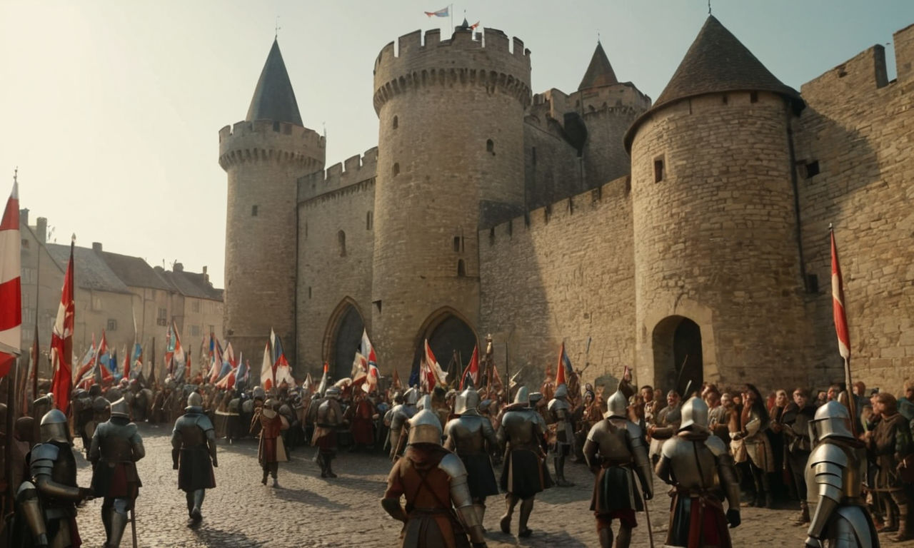 Medieval castle with towering walls, moat, flags flying, bustling marketplace, knights in armor, villagers bustling about, cobblestone streets, lively atmosphere.
