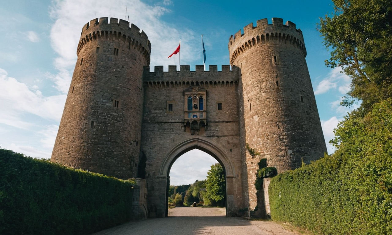 Image prompt:
Medieval castle with towering walls, a grand entrance gate, lush greenery, and flags fluttering in the wind under a bright blue sky.
