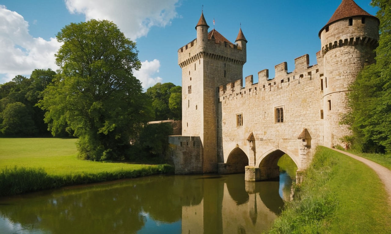 A medieval castle under a clear blue sky, surrounded by lush green meadows and tall trees, with a moat and a drawbridge in the foreground.
