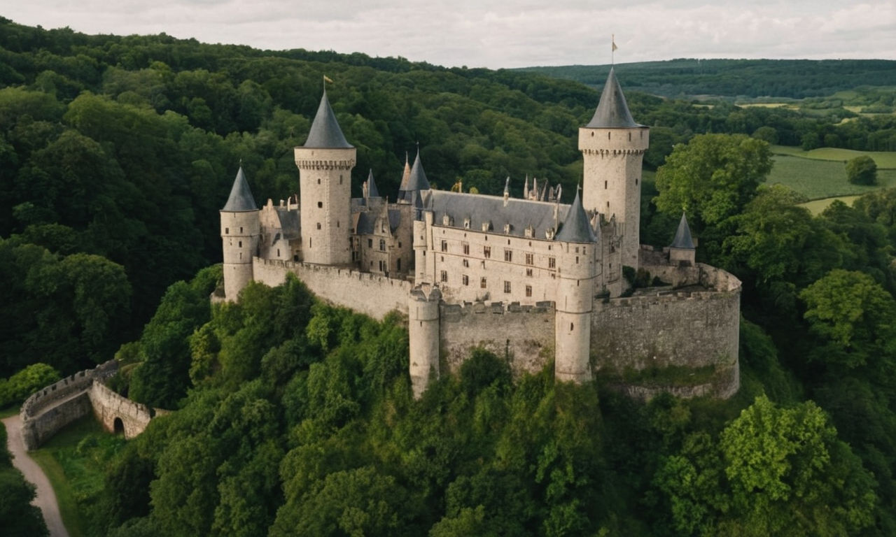 Image prompt: A medieval castle surrounded by lush greenery, with towers, walls, and a large gatehouse. The scene exudes a sense of grandeur and history, perfect for a strategy video game setting like Manor Lords.
