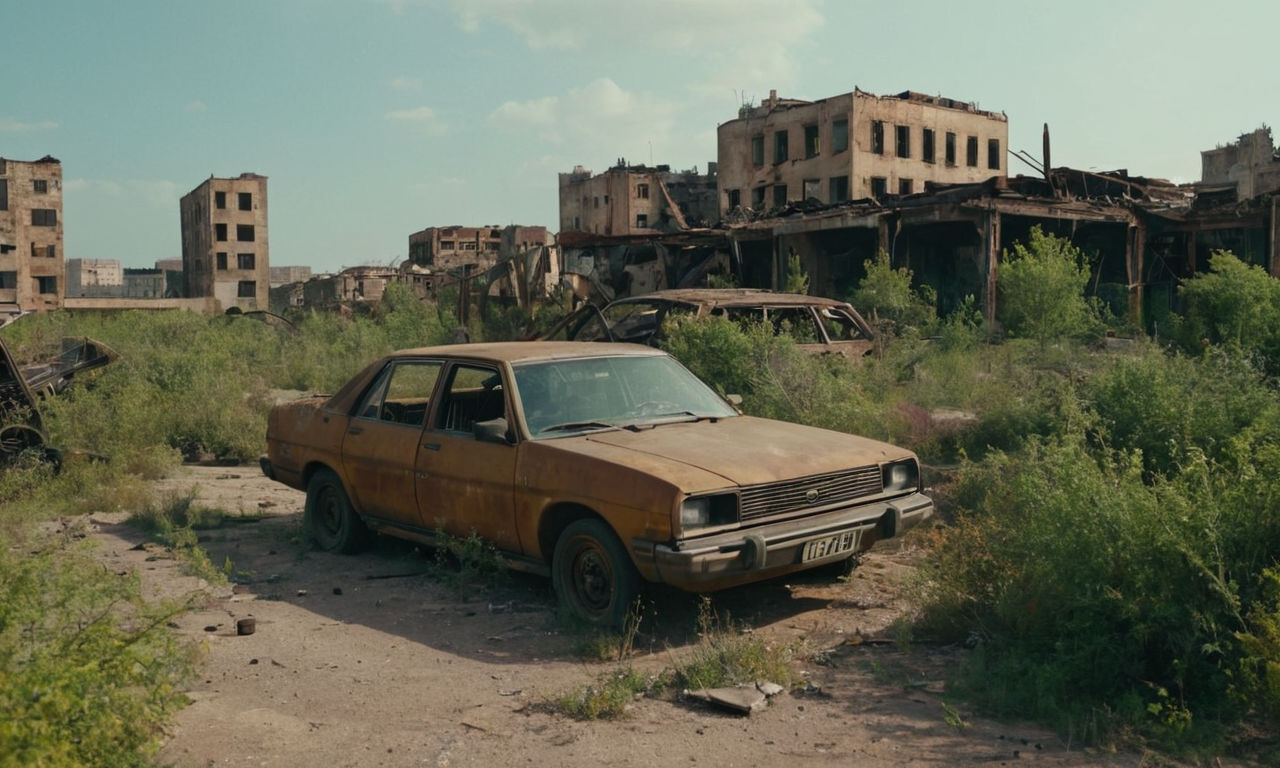 Post-apocalyptic wasteland city ruins with rusty metal debris, broken buildings, abandoned vehicles, and overgrown vegetation, dusty atmosphere, desolate environment realistic.
