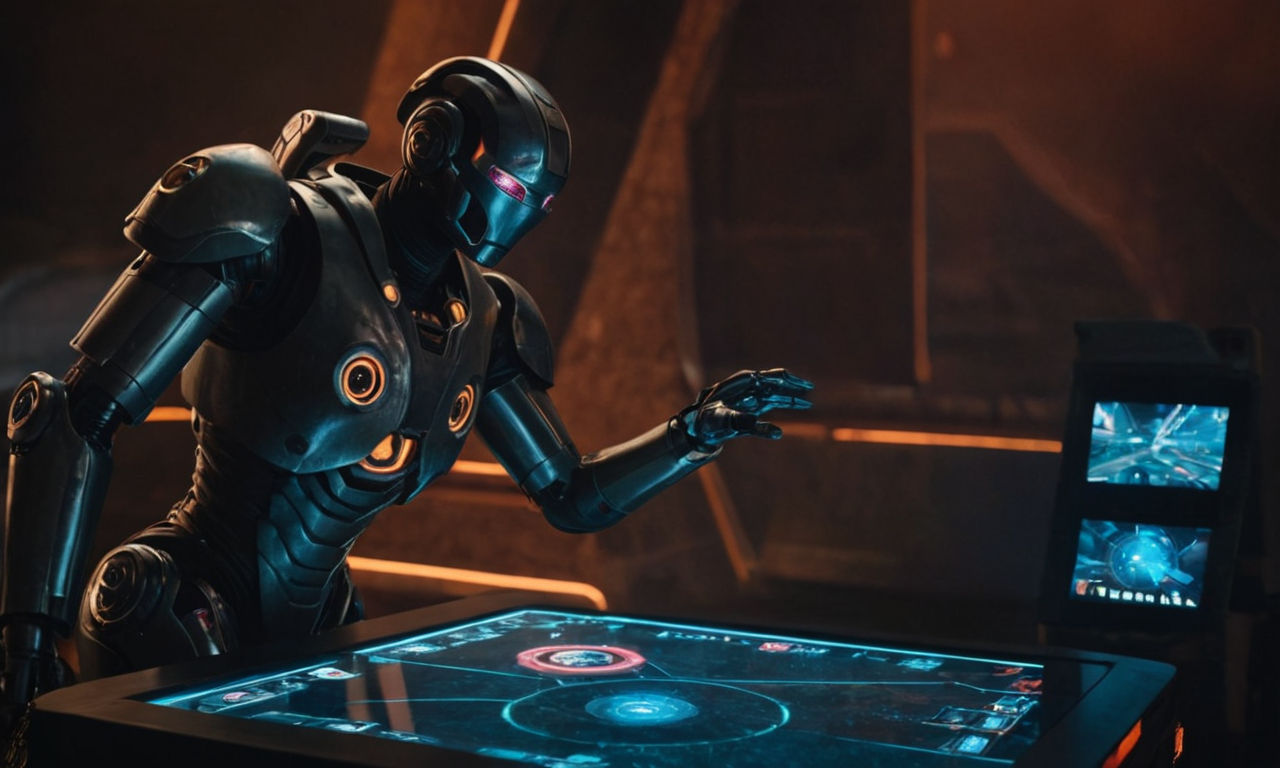 Image prompt:
A futuristic AI robot assistant with glowing eyes and advanced technology, interacting with a virtual gaming interface displaying complex battle strategies and decision-making processes. The robot is surrounded by digital displays showing alternate approaches to auto battle, practical tips for players, and empowering visuals to navigate and mitigate AI issues.
