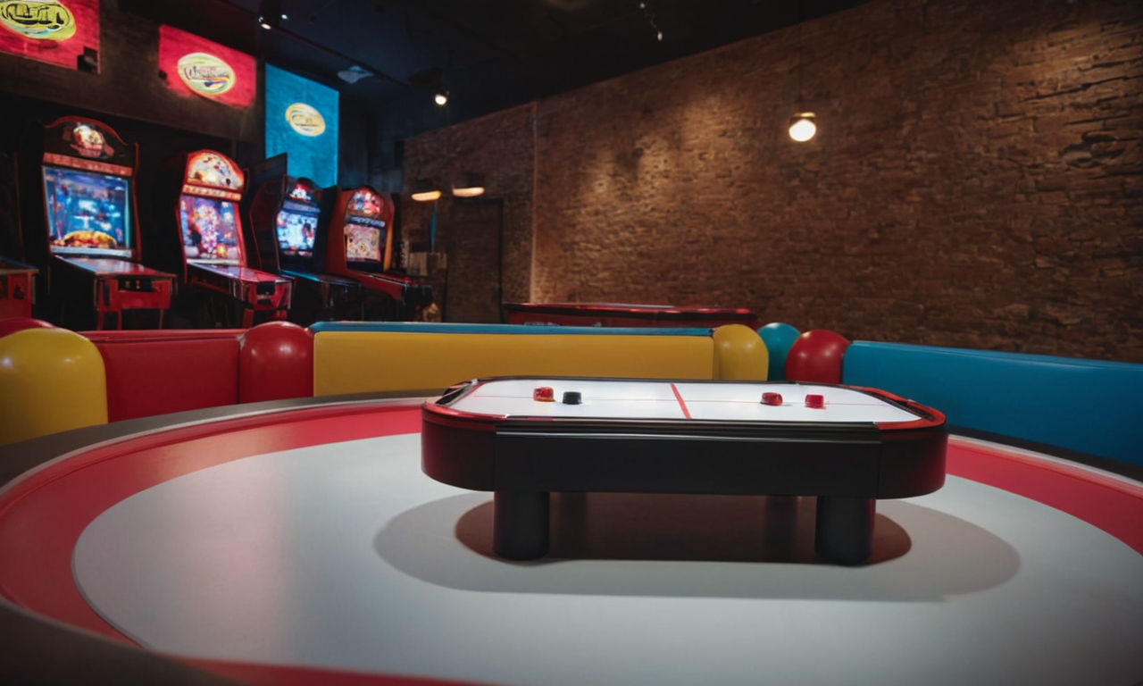 An image prompt for your content:
A realistic 3D rendering of an air hockey table in a vibrant arcade setting with colorful puck and mallet, showcasing the excitement of competitive gameplay for both solo play and multiplayer showdowns. The image captures the intensity and fun of air hockey, inviting players to immerse themselves in the dynamic experience of 3D Air Hockey on the Nintendo Switch.
