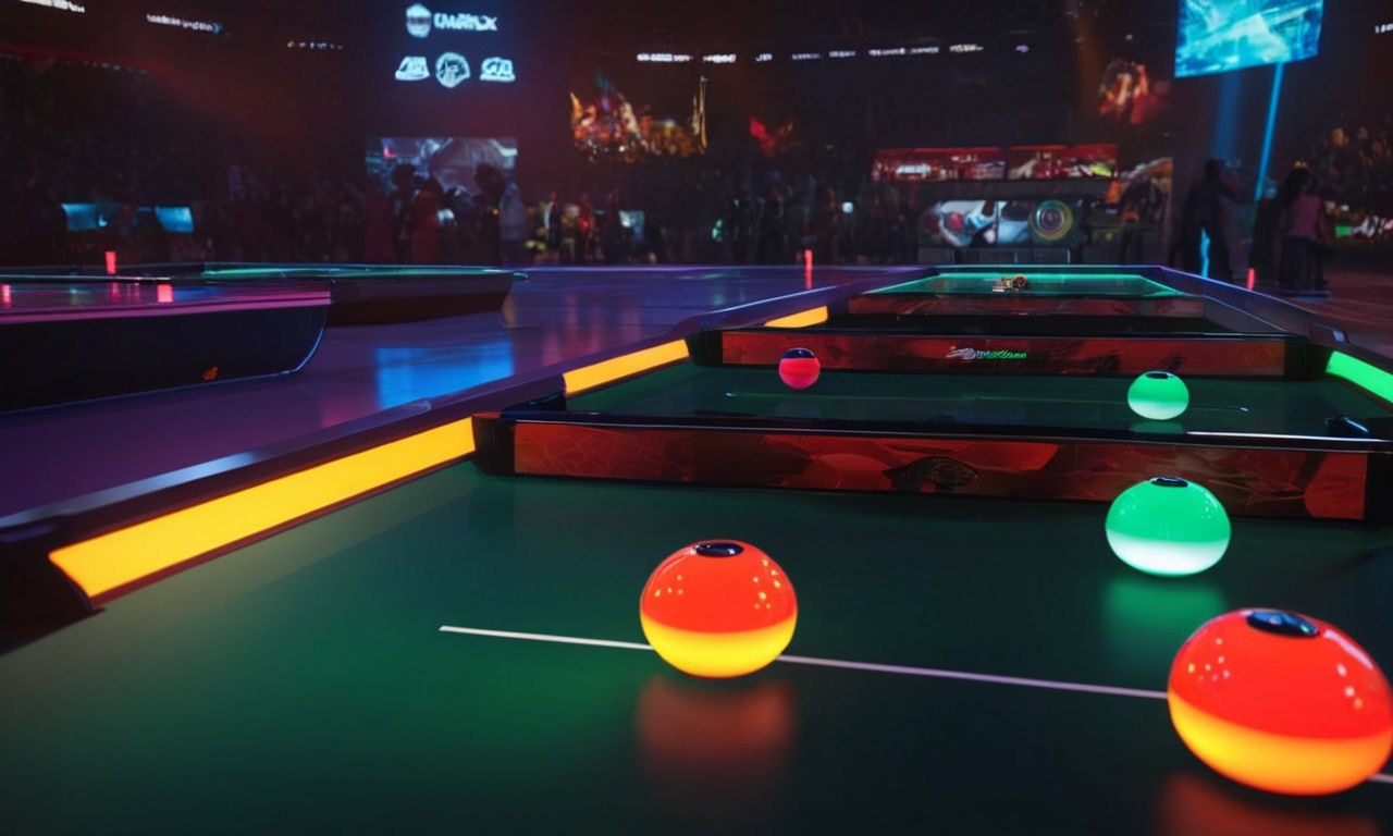 Expansive 3D virtual air hockey table with vibrant colors and sleek design, glowing puck in motion, digital scoreboard displaying scores, immersive gameplay environment for multiplayer showdowns and solo play, futuristic user interface design enhancing navigation, dynamic lighting effects adding to the excitement.

