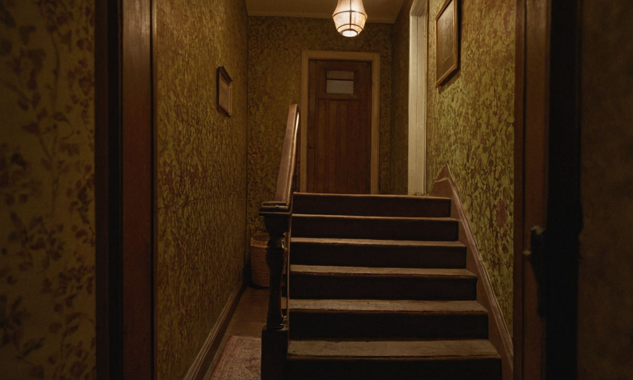 Image prompt: 
A mysterious, dimly lit hallway in an old house with vintage wallpaper, a staircase leading up, a flickering light casting eerie shadows, and a glimpse of an open door revealing a secret room. The atmosphere is filled with suspense and intrigue, perfect for a narrative-driven game review and comparison on the Switch.
