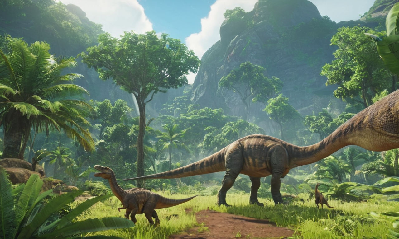Prehistoric landscape with lush greenery, towering prehistoric trees, and majestic dinosaurs roaming in the distance. The scene captures a sense of adventure and discovery, perfect for a dinosaur survival game review on the Nintendo Switch.
