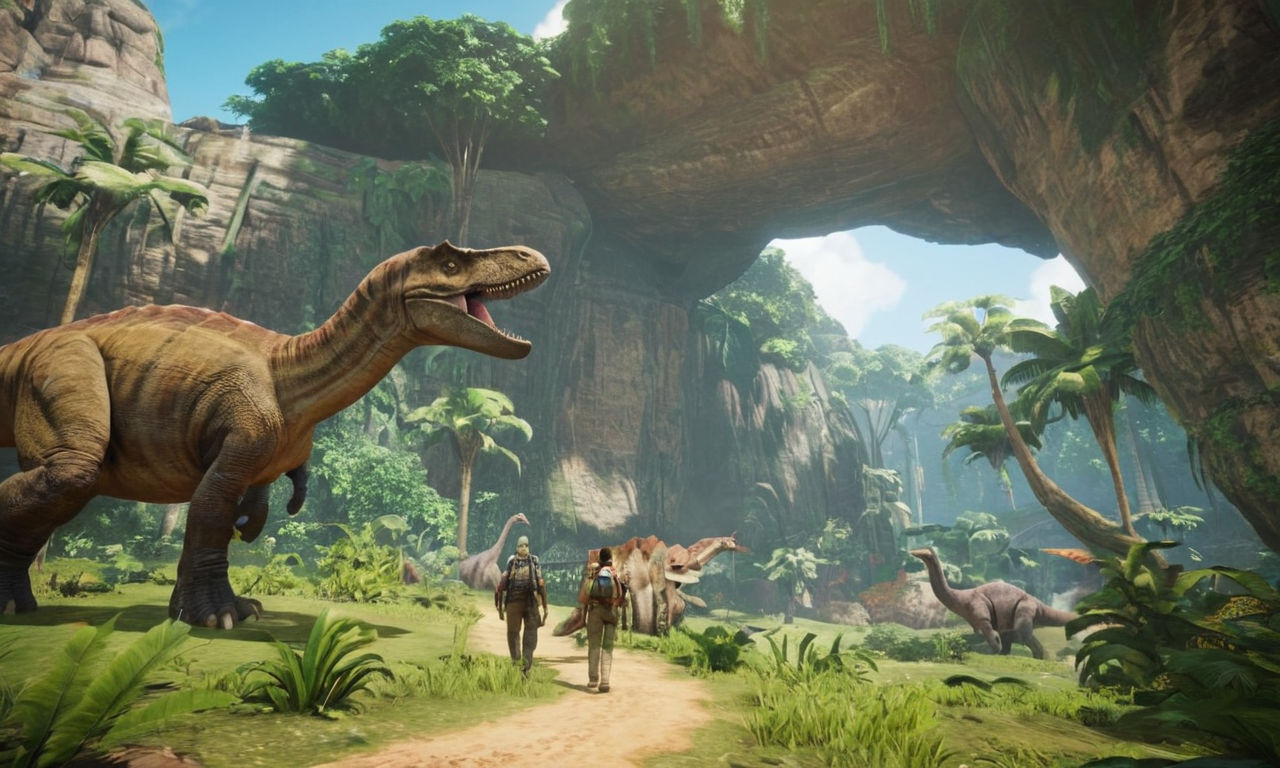 A lush prehistoric landscape with towering dinosaurs roaming in the distance, vibrant flora, and a mysterious ancient cave entrance under a canopy of ancient trees. The scene captures the essence of ARK: Dinosaur Discovery on Nintendo Switch, immersing players in a thrilling survival adventure through time.
