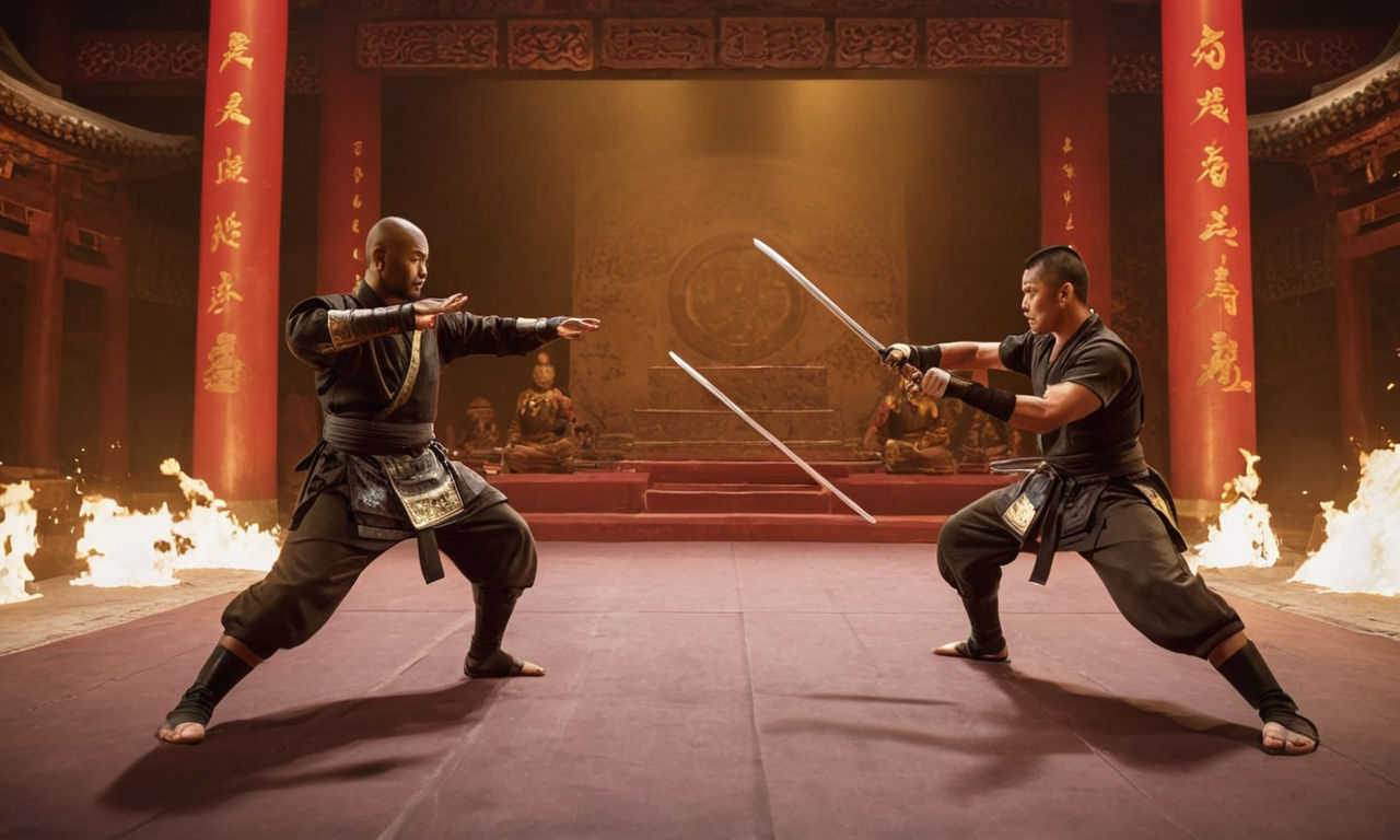 A detailed image prompt for your content:

A dynamic scene featuring two ancient warrior statues facing off in an arena, surrounded by traditional martial arts weapons like swords, staffs, and nunchucks. The background showcases a mystical setting with dim lighting to enhance the intense combat atmosphere. The statues represent the essence of Shaolin and Wutang, capturing the spirit of the epic showdown portrayed in the game. The image conveys a sense of anticipation and skillful mastery, reflecting the authenticity of martial arts gameplay in Shaolin vs. Wutang on the Nintendo Switch.
